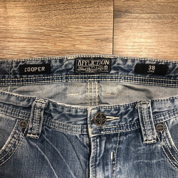 Affliction Black Premium Jeans Size 39x33 Cooper Bootcut Distressed Embroidered - Picture 6 of 10